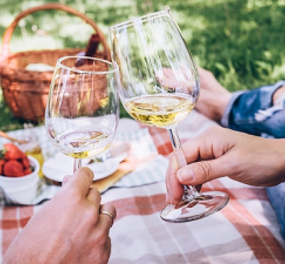 Couple picnicking and cheers